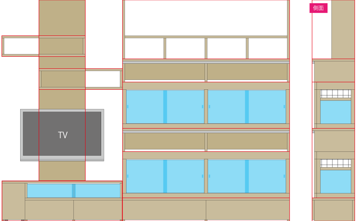 爬虫類ケージ一体型リビングボードの分割図